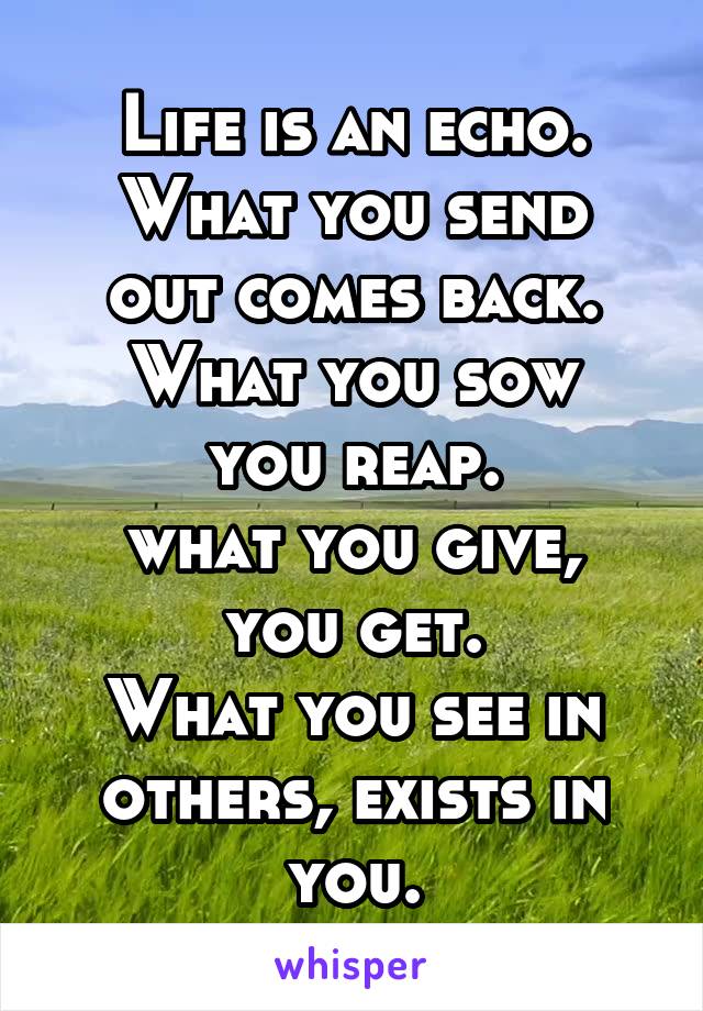 Life is an echo.
What you send out comes back.
What you sow you reap.
what you give, you get.
What you see in others, exists in you.