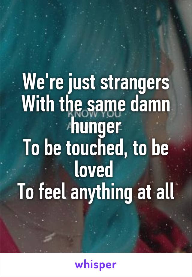 We're just strangers
With the same damn hunger
To be touched, to be loved 
To feel anything at all