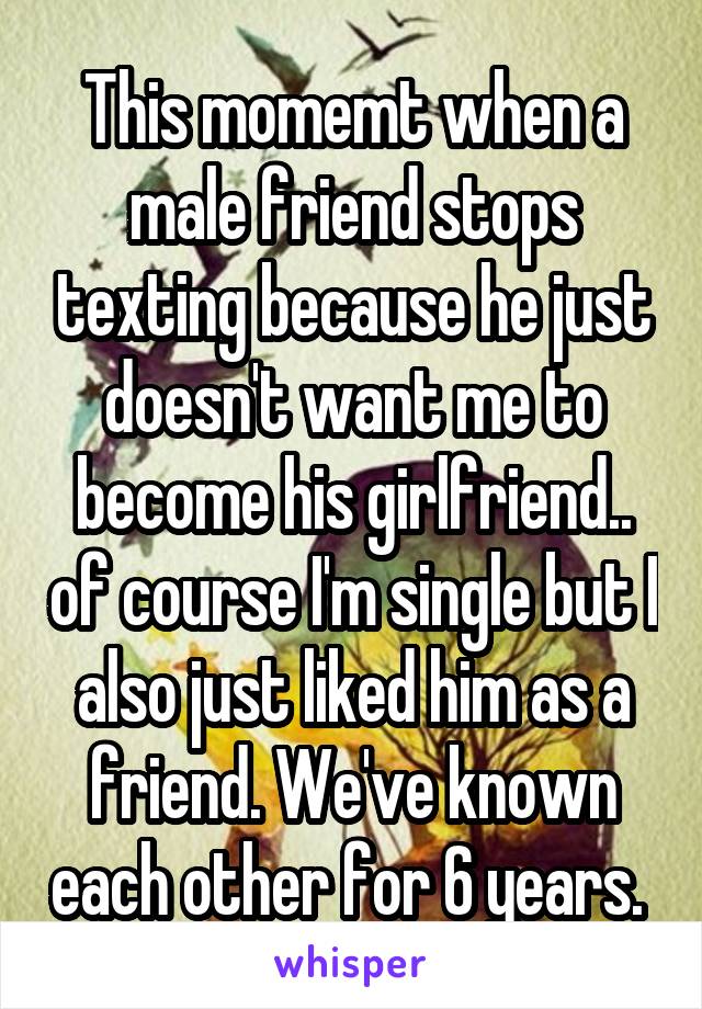 This momemt when a male friend stops texting because he just doesn't want me to become his girlfriend.. of course I'm single but I also just liked him as a friend. We've known each other for 6 years. 