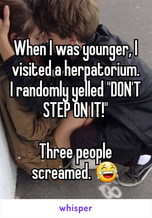 When I was younger, I visited a herpatorium. I randomly yelled "DON'T STEP ON IT!"

Three people screamed. 😂