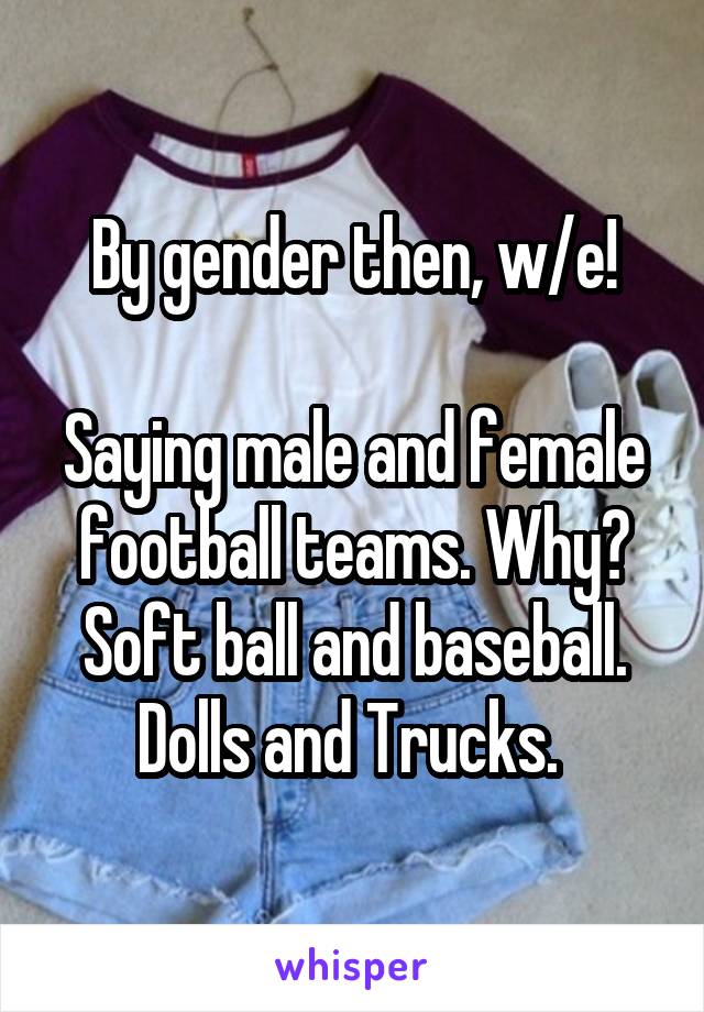 By gender then, w/e!

Saying male and female football teams. Why? Soft ball and baseball. Dolls and Trucks. 