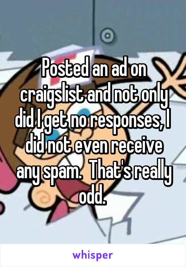 Posted an ad on craigslist and not only did I get no responses, I  did not even receive any spam.  That's really odd. 