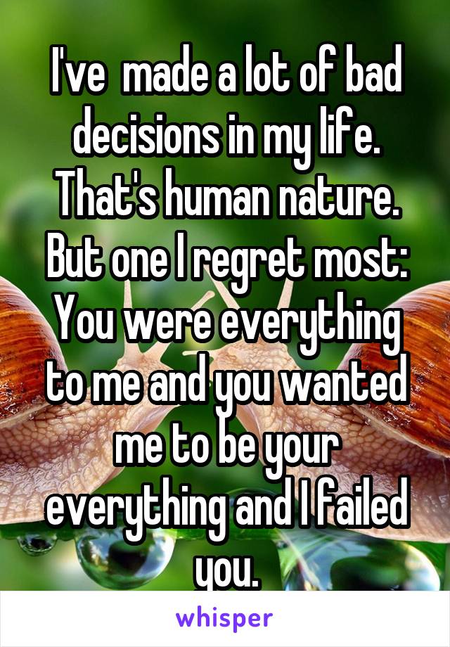 I've  made a lot of bad decisions in my life. That's human nature. But one I regret most: You were everything to me and you wanted me to be your everything and I failed you.