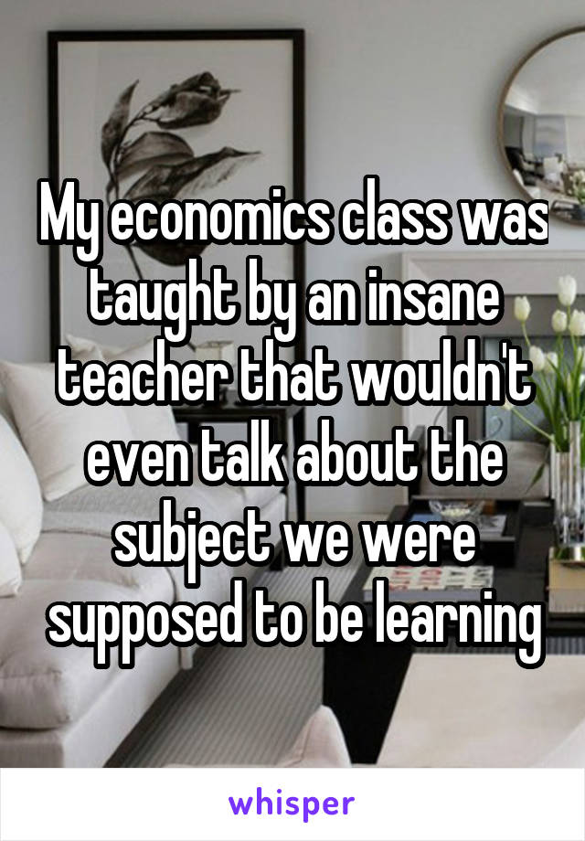 My economics class was taught by an insane teacher that wouldn't even talk about the subject we were supposed to be learning