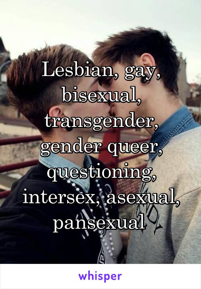 Lesbian, gay, bisexual, transgender, gender queer, questioning, intersex, asexual, pansexual 