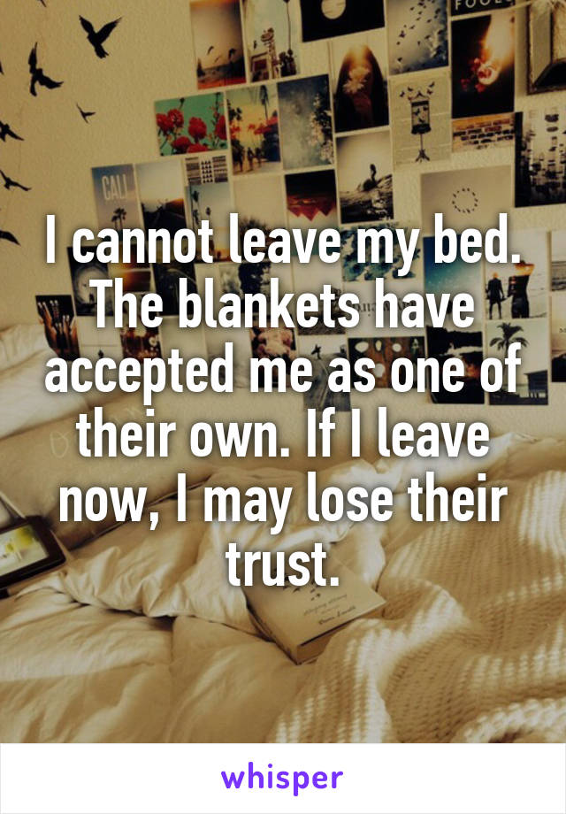 I cannot leave my bed. The blankets have accepted me as one of their own. If I leave now, I may lose their trust.