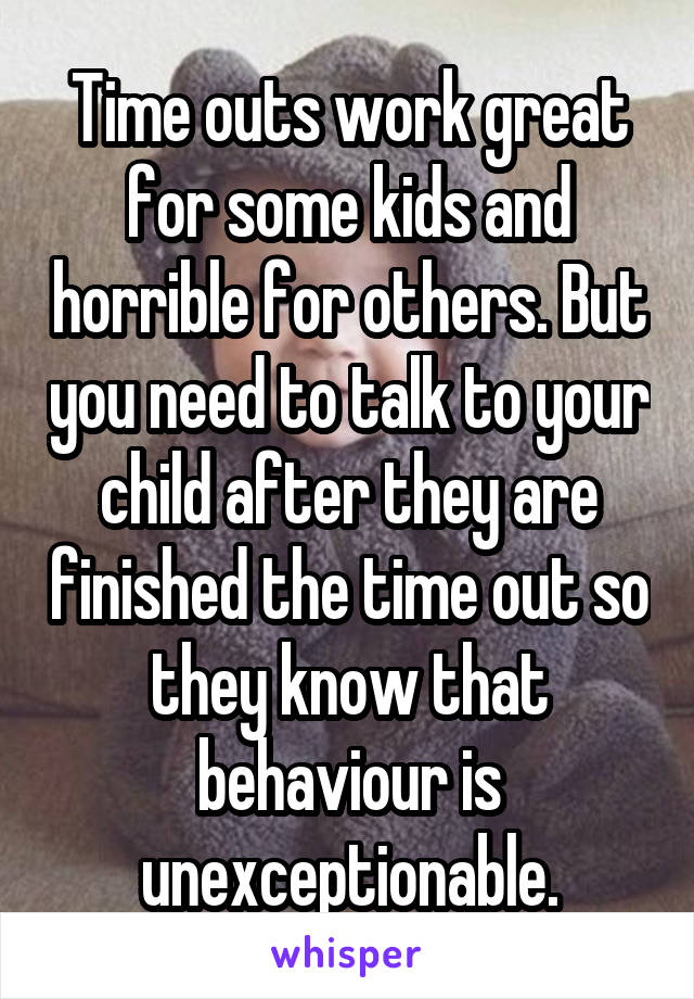 Time outs work great for some kids and horrible for others. But you need to talk to your child after they are finished the time out so they know that behaviour is unexceptionable.