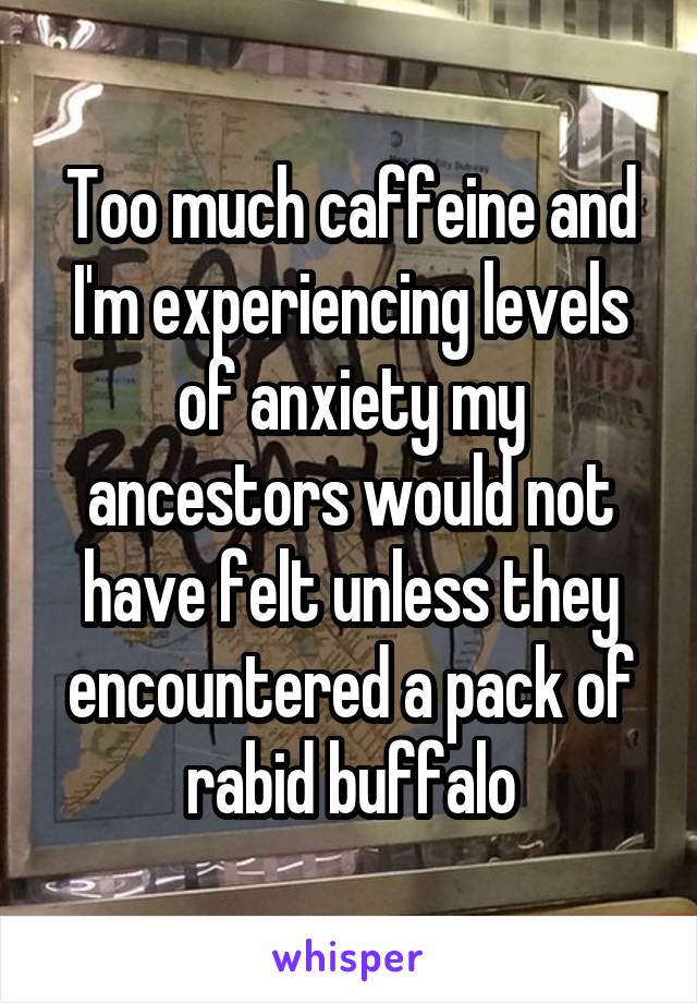 Too much caffeine and I'm experiencing levels of anxiety my ancestors would not have felt unless they encountered a pack of rabid buffalo