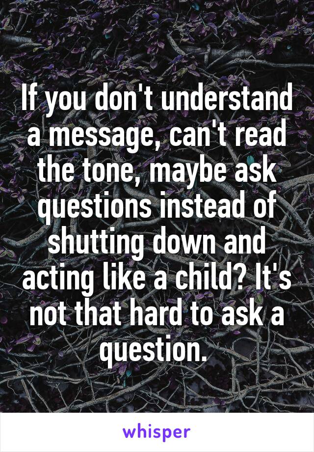 If you don't understand a message, can't read the tone, maybe ask questions instead of shutting down and acting like a child? It's not that hard to ask a question. 