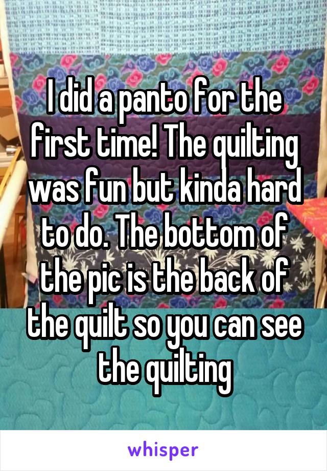 I did a panto for the first time! The quilting was fun but kinda hard to do. The bottom of the pic is the back of the quilt so you can see the quilting