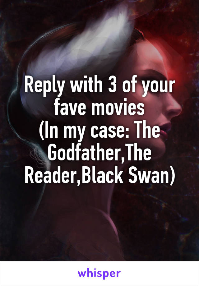 Reply with 3 of your fave movies
(In my case: The Godfather,The Reader,Black Swan)
