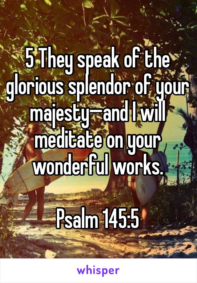 5 They speak of the glorious splendor of your majesty—and I will meditate on your wonderful works.

Psalm 145:5