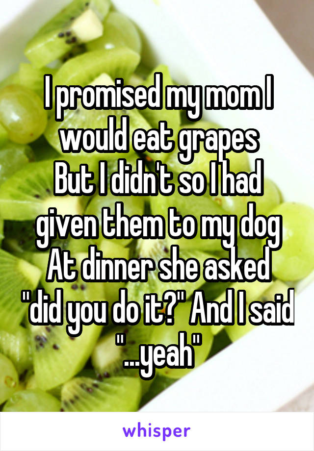 I promised my mom I would eat grapes
But I didn't so I had given them to my dog
At dinner she asked "did you do it?" And I said "...yeah"