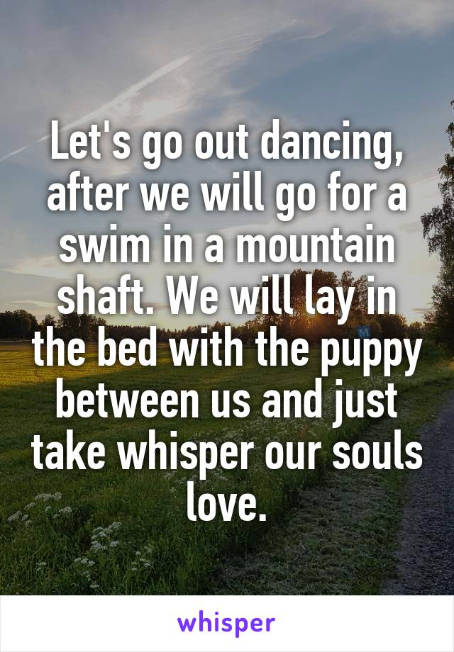 Let's go out dancing, after we will go for a swim in a mountain shaft. We will lay in the bed with the puppy between us and just take whisper our souls love.