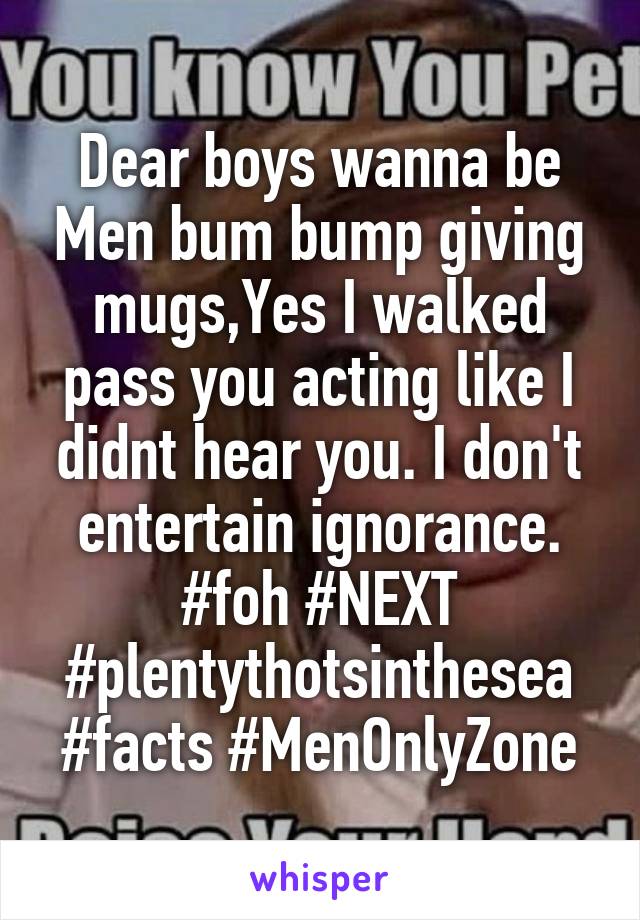 Dear boys wanna be Men bum bump giving mugs,Yes I walked pass you acting like I didnt hear you. I don't entertain ignorance. #foh #NEXT
#plentythotsinthesea #facts #MenOnlyZone