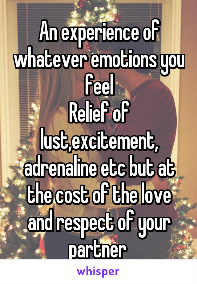  An experience of whatever emotions you feel
Relief of lust,excitement, adrenaline etc but at the cost of the love and respect of your partner 