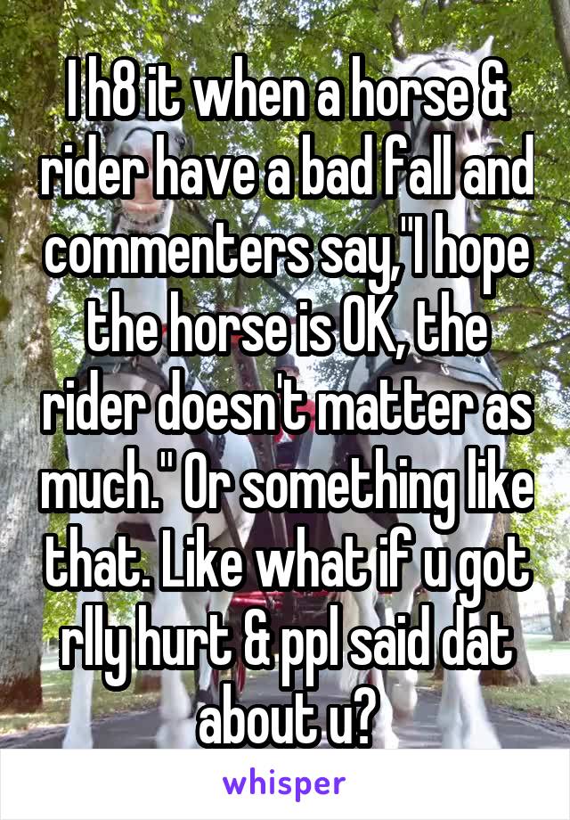 I h8 it when a horse & rider have a bad fall and commenters say,"I hope the horse is OK, the rider doesn't matter as much." Or something like that. Like what if u got rlly hurt & ppl said dat about u?