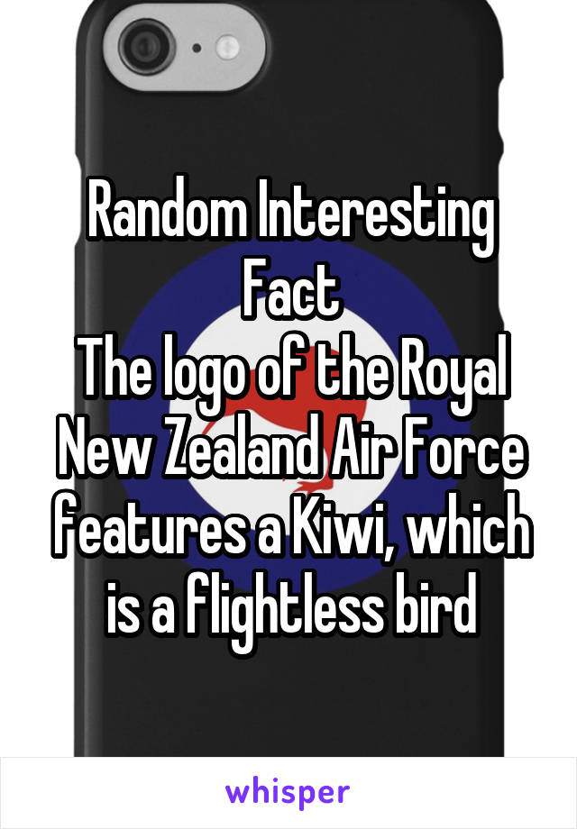 Random Interesting Fact
The logo of the Royal New Zealand Air Force features a Kiwi, which is a flightless bird