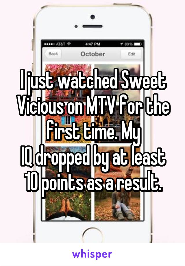 I just watched Sweet Vicious on MTV for the first time. My
IQ dropped by at least 10 points as a result.