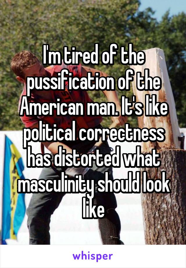 I'm tired of the pussification of the American man. It's like political correctness has distorted what masculinity should look like