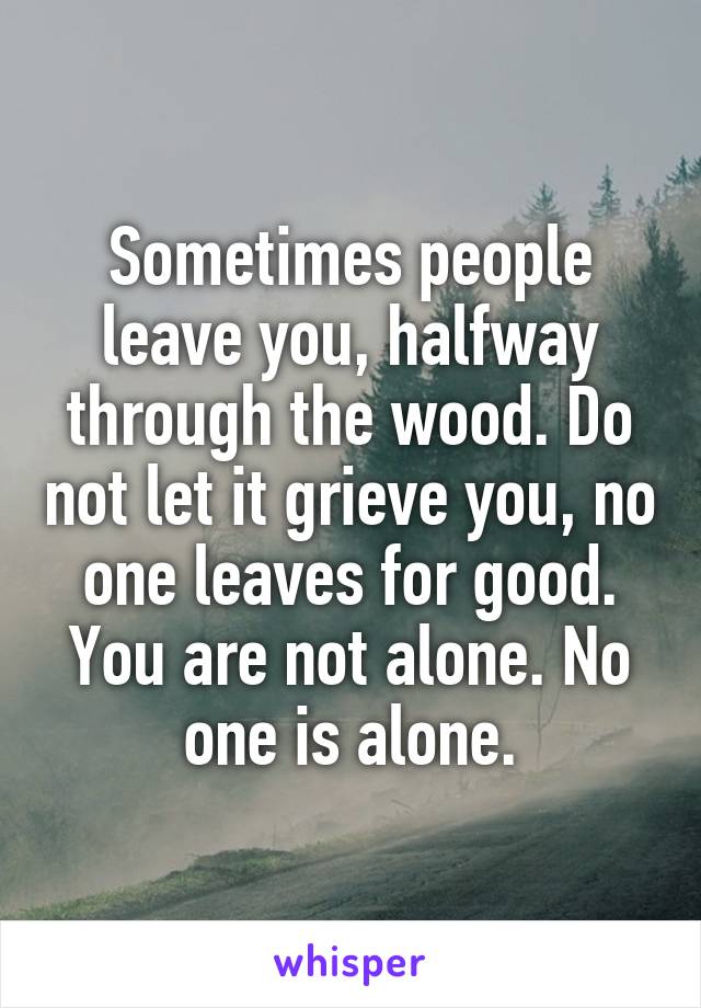 Sometimes people leave you, halfway through the wood. Do not let it grieve you, no one leaves for good. You are not alone. No one is alone.