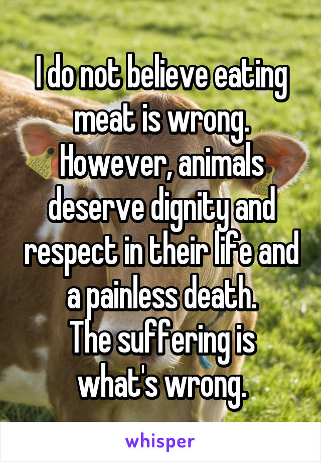 I do not believe eating meat is wrong.
However, animals deserve dignity and respect in their life and a painless death.
The suffering is what's wrong.