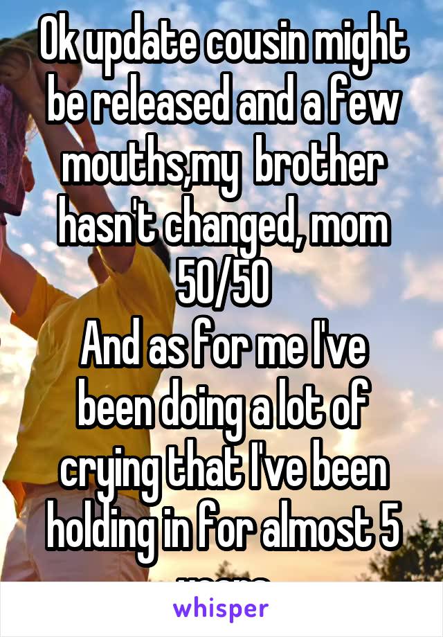 Ok update cousin might be released and a few mouths,my  brother hasn't changed, mom 50/50
And as for me I've been doing a lot of crying that I've been holding in for almost 5 years