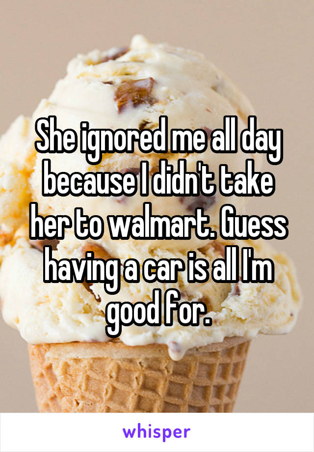 She ignored me all day because I didn't take her to walmart. Guess having a car is all I'm good for.