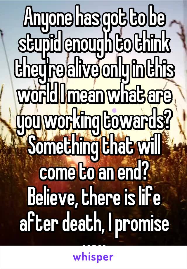 Anyone has got to be stupid enough to think they're alive only in this world I mean what are you working towards? Something that will come to an end? Believe, there is life after death, I promise you