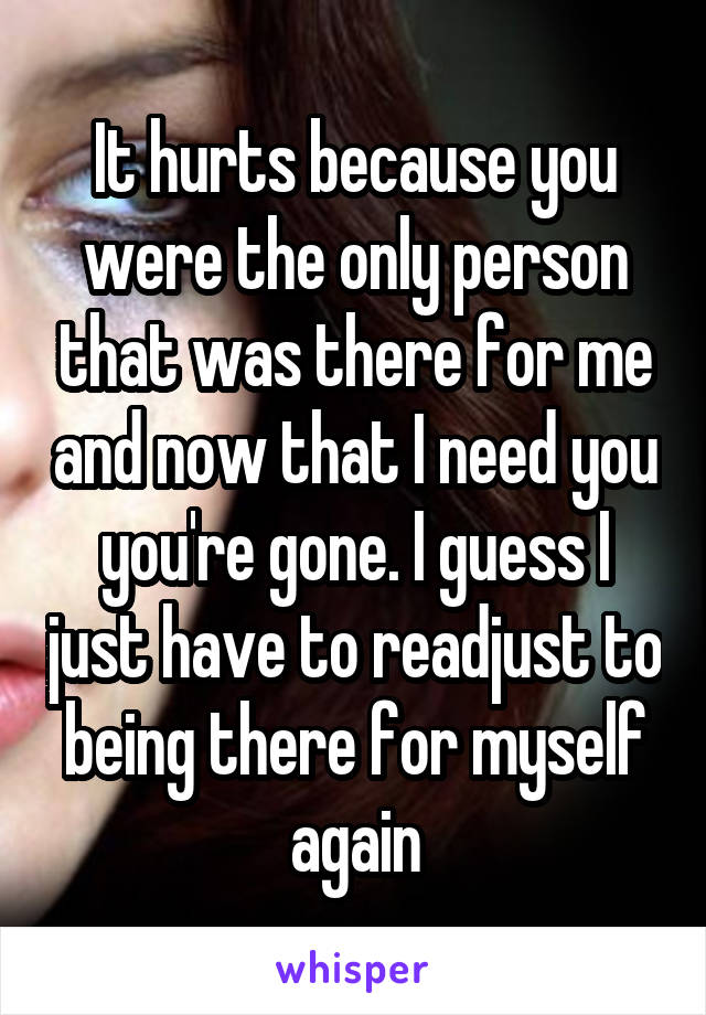 It hurts because you were the only person that was there for me and now that I need you you're gone. I guess I just have to readjust to being there for myself again