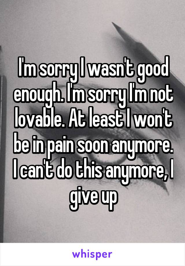 I'm sorry I wasn't good enough. I'm sorry I'm not lovable. At least I won't be in pain soon anymore. I can't do this anymore, I give up