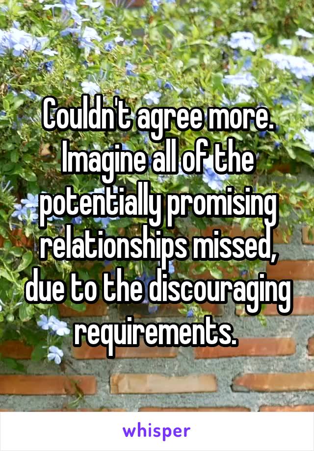 Couldn't agree more. Imagine all of the potentially promising relationships missed, due to the discouraging requirements. 