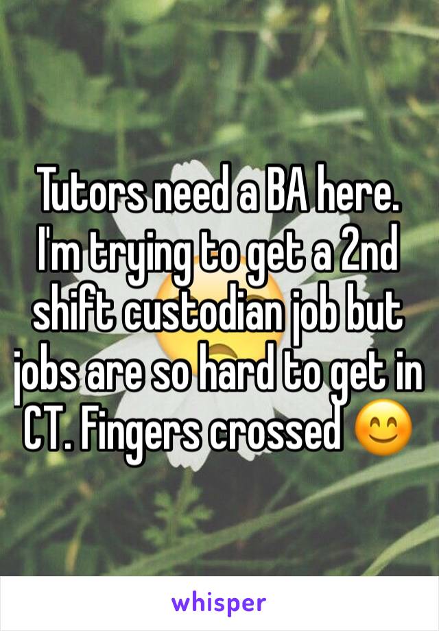 Tutors need a BA here. I'm trying to get a 2nd shift custodian job but jobs are so hard to get in CT. Fingers crossed 😊