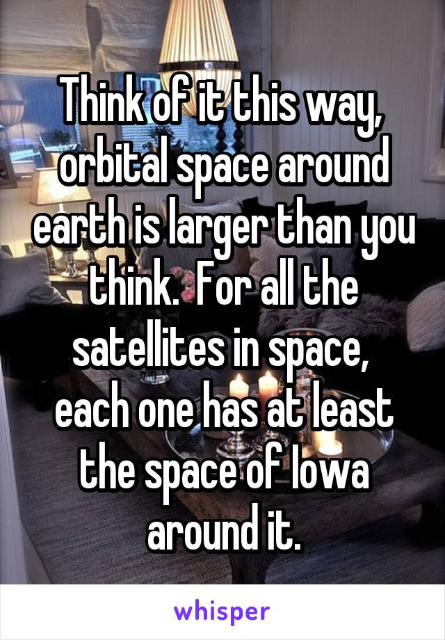 Think of it this way,  orbital space around earth is larger than you think.  For all the satellites in space,  each one has at least the space of Iowa around it.