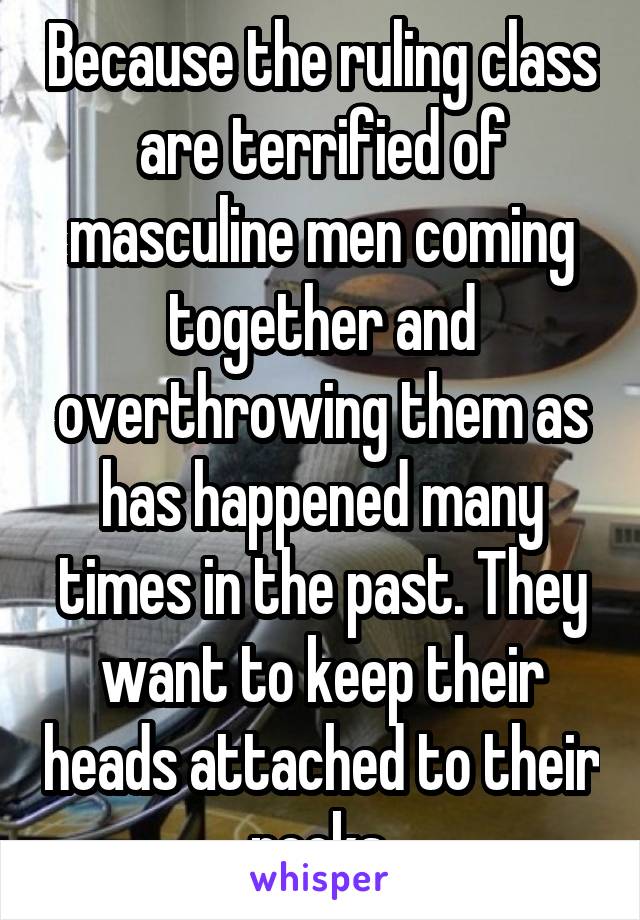 Because the ruling class are terrified of masculine men coming together and overthrowing them as has happened many times in the past. They want to keep their heads attached to their necks.