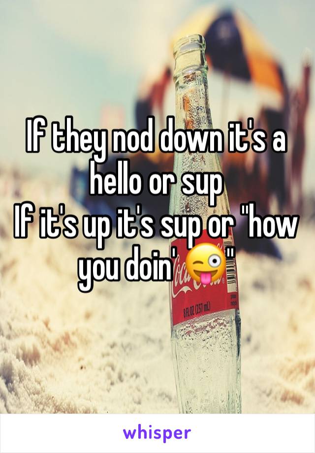 If they nod down it's a hello or sup
If it's up it's sup or "how you doin' 😜"
