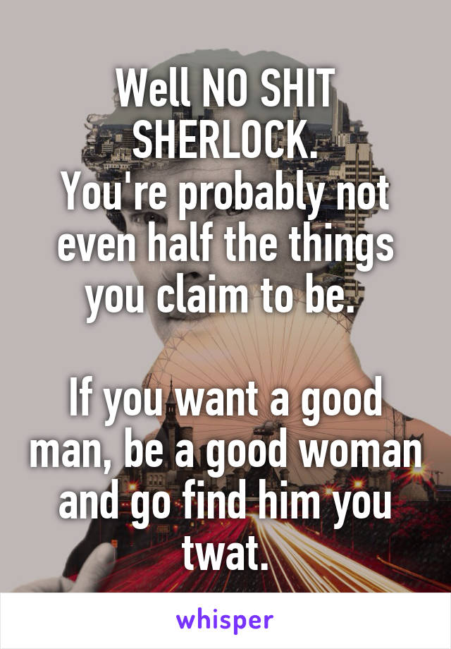 Well NO SHIT SHERLOCK.
You're probably not even half the things you claim to be. 

If you want a good man, be a good woman and go find him you twat.