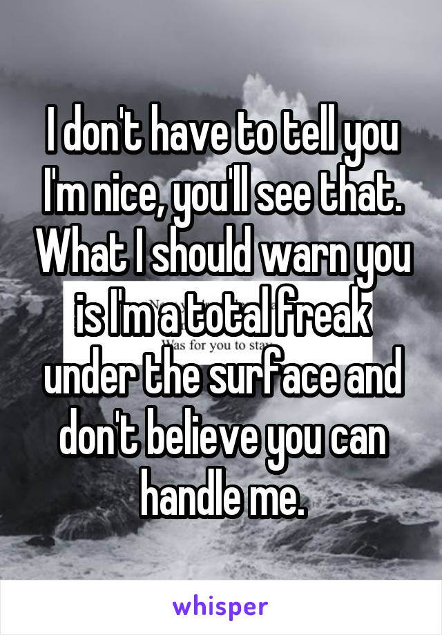 I don't have to tell you I'm nice, you'll see that. What I should warn you is I'm a total freak under the surface and don't believe you can handle me.