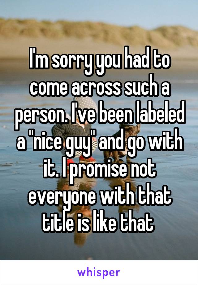 I'm sorry you had to come across such a person. I've been labeled a "nice guy" and go with it. I promise not everyone with that title is like that 