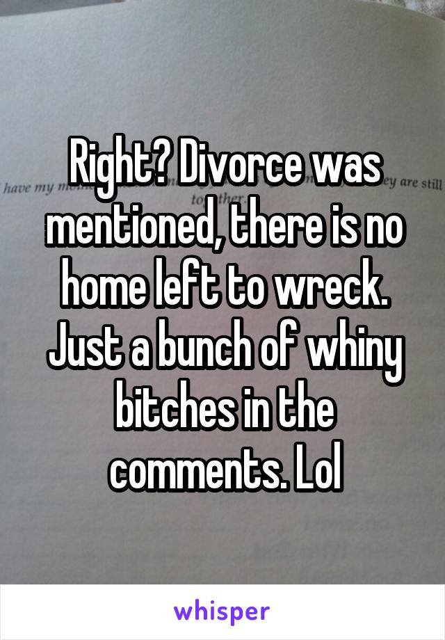 Right? Divorce was mentioned, there is no home left to wreck. Just a bunch of whiny bitches in the comments. Lol