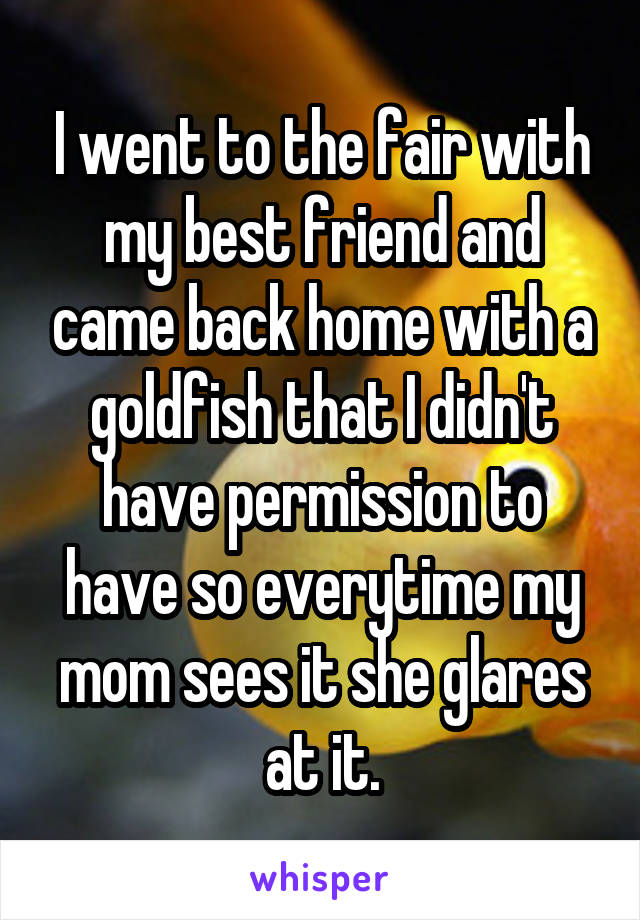 I went to the fair with my best friend and came back home with a goldfish that I didn't have permission to have so everytime my mom sees it she glares at it.