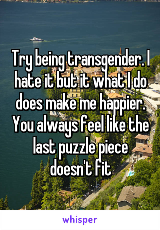 Try being transgender. I hate it but it what I do does make me happier. You always feel like the last puzzle piece doesn't fit