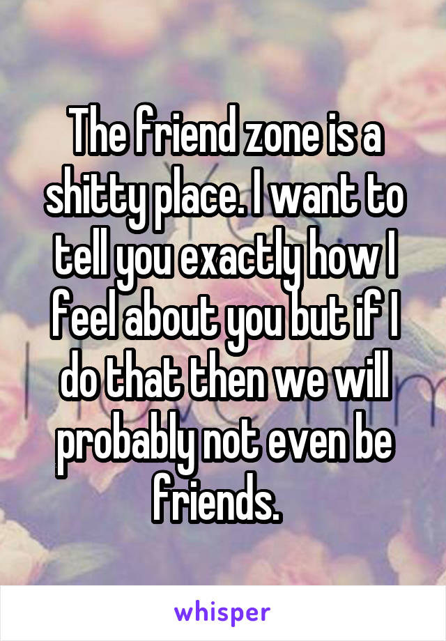 The friend zone is a shitty place. I want to tell you exactly how I feel about you but if I do that then we will probably not even be friends.  