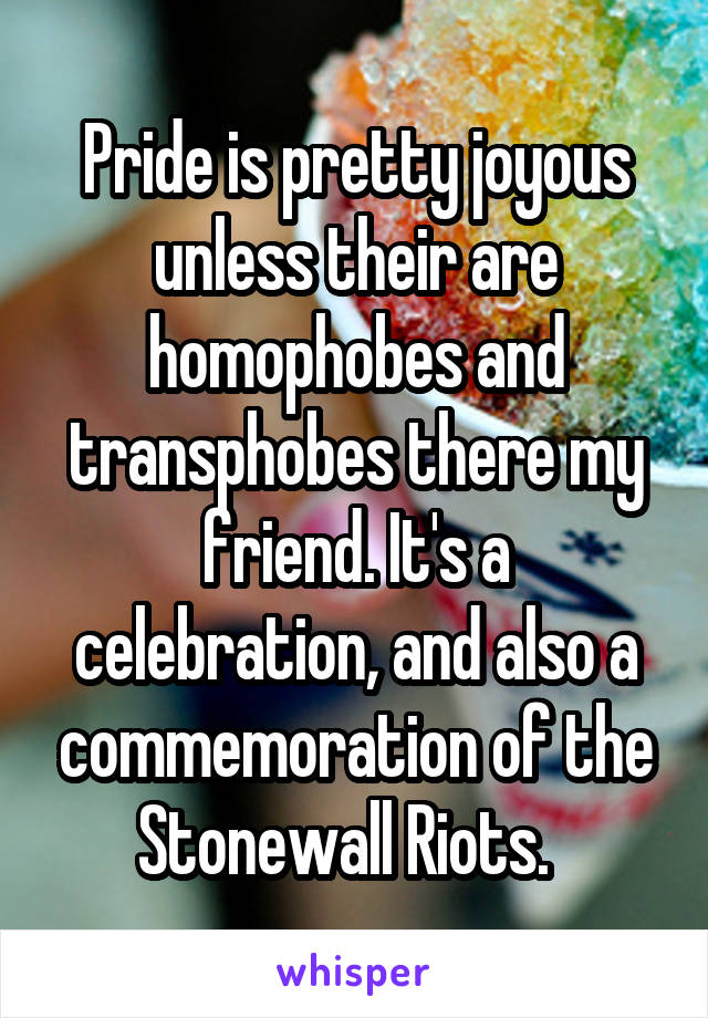 Pride is pretty joyous unless their are homophobes and transphobes there my friend. It's a celebration, and also a commemoration of the Stonewall Riots.  