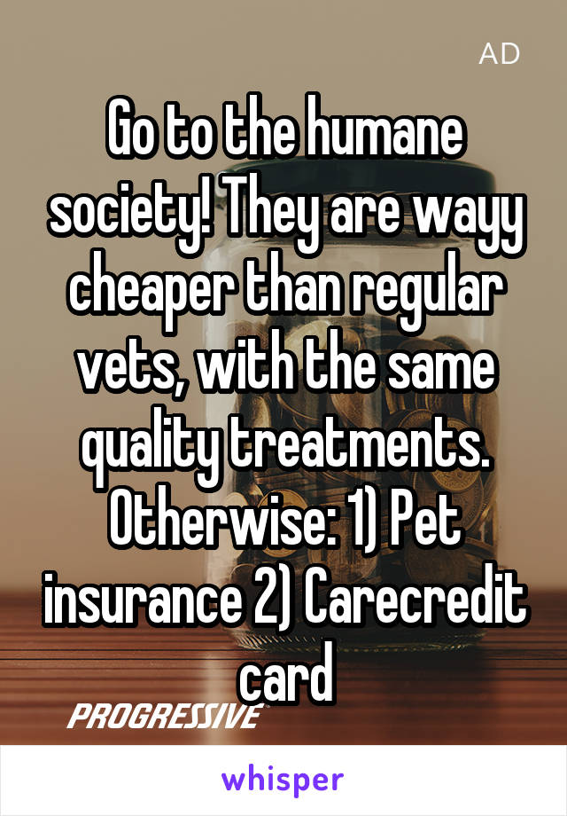 Go to the humane society! They are wayy cheaper than regular vets, with the same quality treatments. Otherwise: 1) Pet insurance 2) Carecredit card