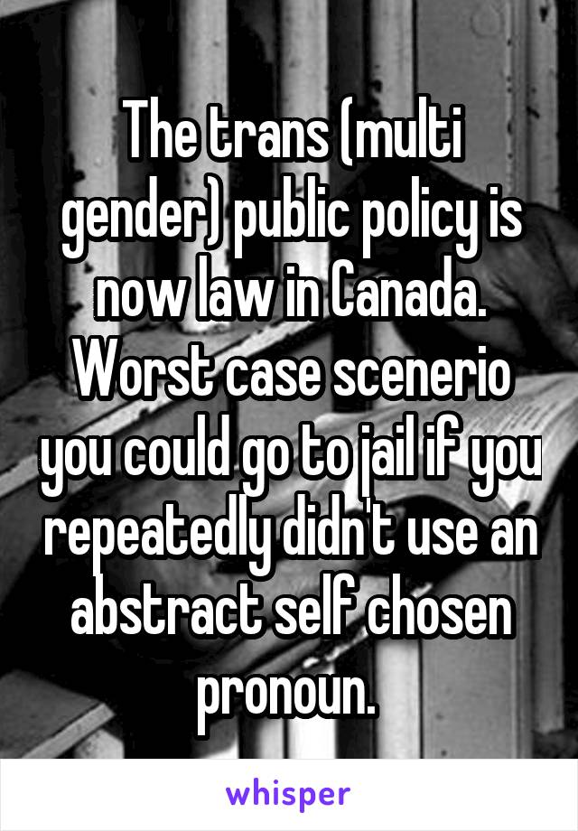 The trans (multi gender) public policy is now law in Canada. Worst case scenerio you could go to jail if you repeatedly didn't use an abstract self chosen pronoun. 