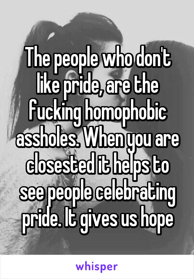 The people who don't like pride, are the fucking homophobic assholes. When you are closested it helps to see people celebrating pride. It gives us hope