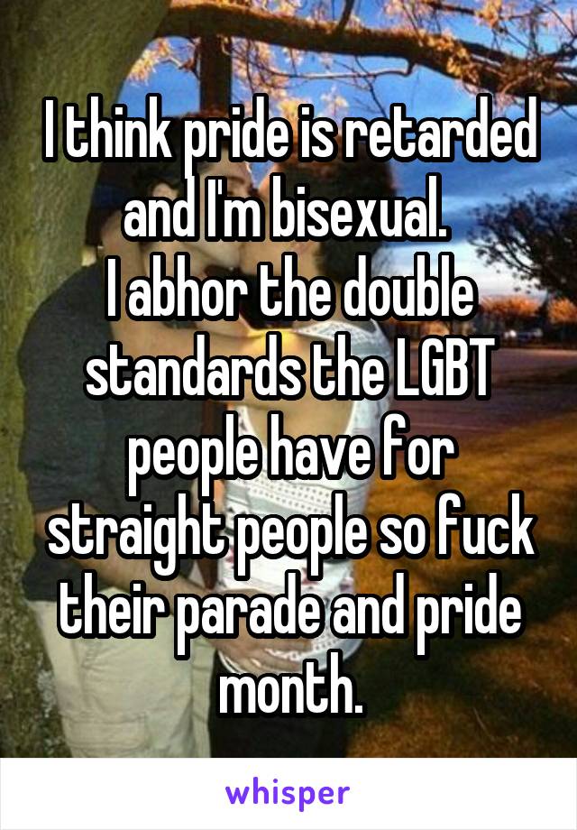 I think pride is retarded and I'm bisexual. 
I abhor the double standards the LGBT people have for straight people so fuck their parade and pride month.