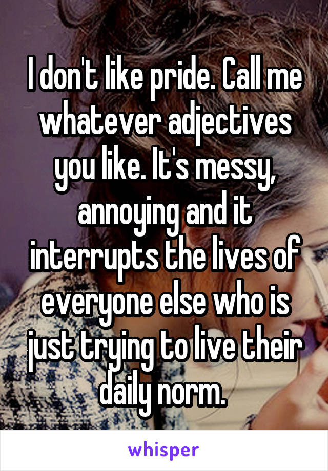 I don't like pride. Call me whatever adjectives you like. It's messy, annoying and it interrupts the lives of everyone else who is just trying to live their daily norm. 