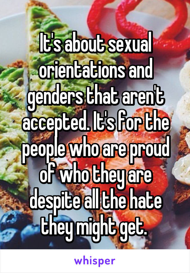 It's about sexual orientations and genders that aren't accepted. It's for the people who are proud of who they are despite all the hate they might get. 
